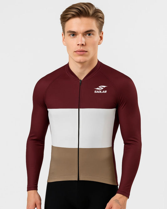 SAOLAR long sleeve cycling jersey in burgundy, white, and beige color block design – premium breathable and aerodynamic cycling apparel.