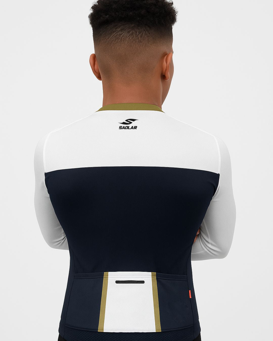 Front view of SAOLAR S4 Vento performance cycling jersey in white, navy, and olive design