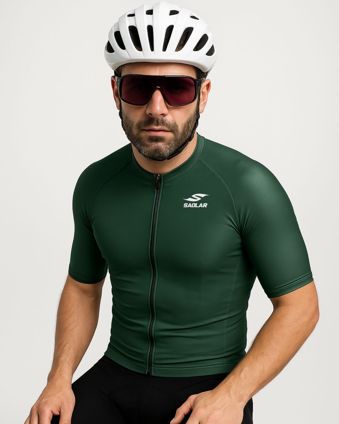 Front view of the S6R Summit cycling jersey in dark green, featuring a slim race fit and lightweight breathable fabric.