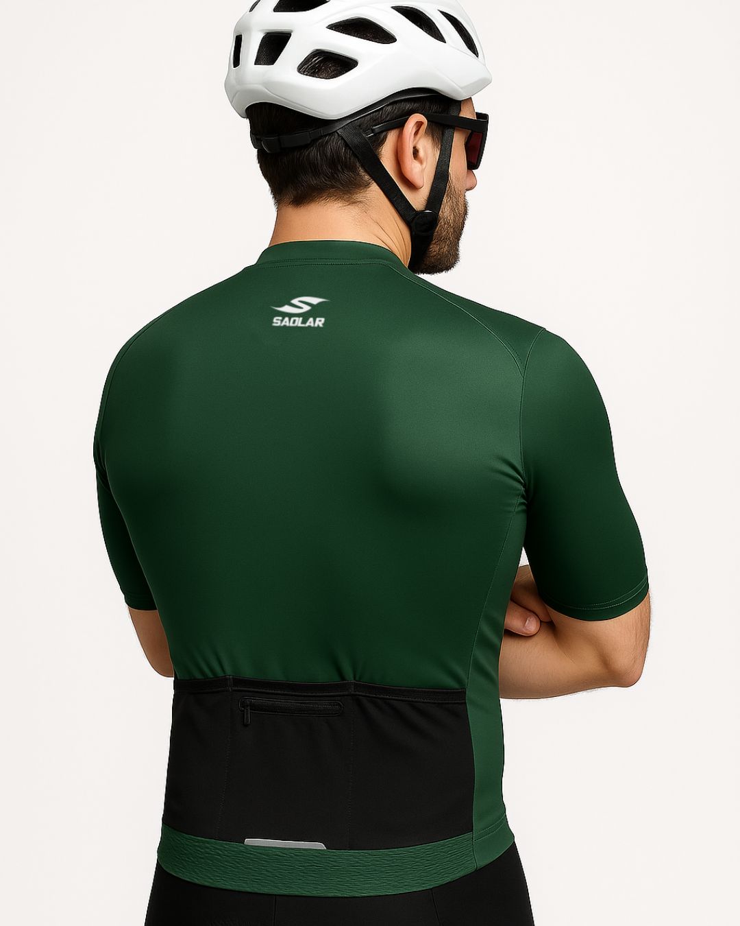 Back view of the S6R Summit dark green cycling jersey with black rear pockets, designed for storage and aerodynamic comfort.