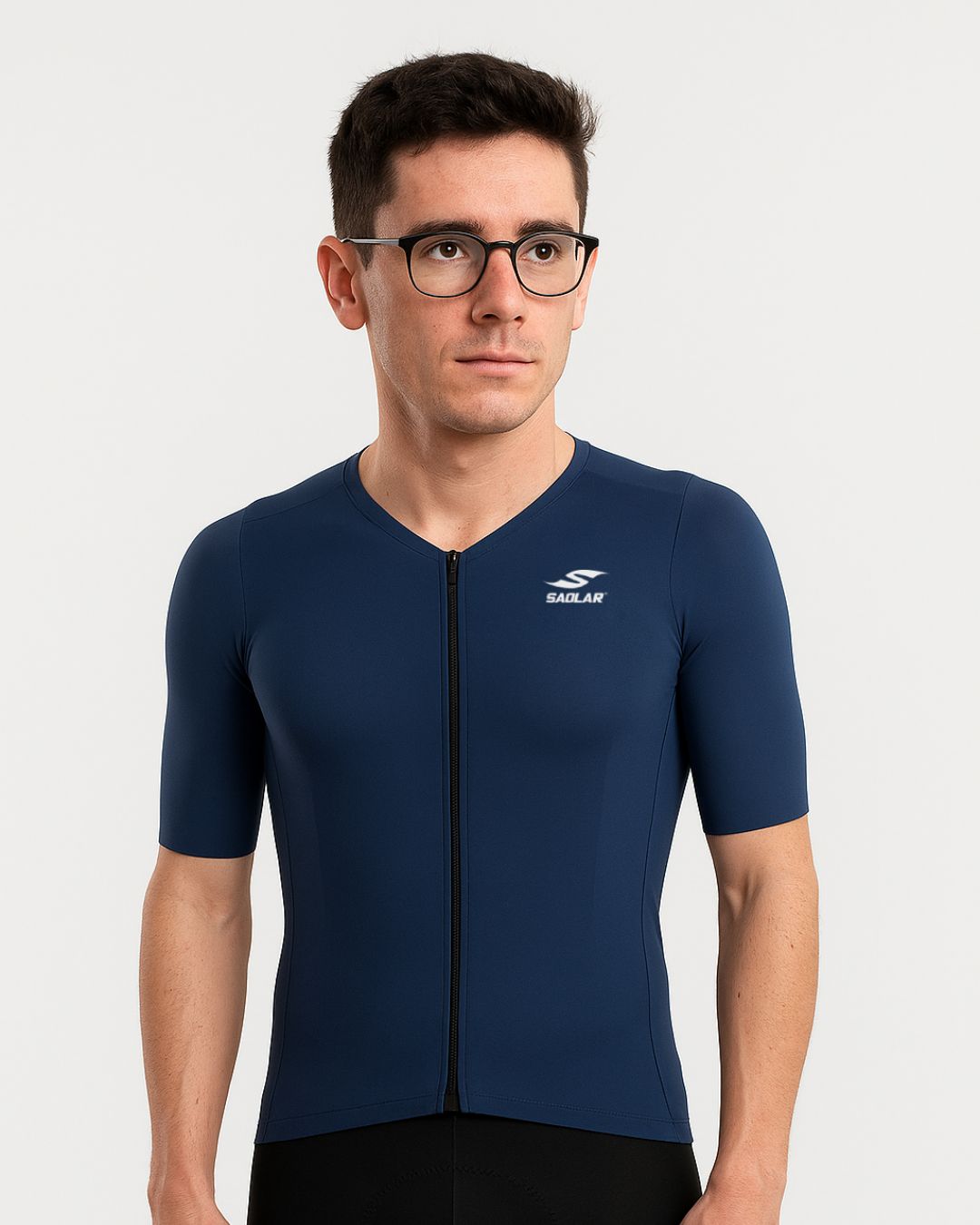 Front view of the SAOLAR SRX Horizon navy blue cycling jersey with short sleeves and a slim aerodynamic fit.