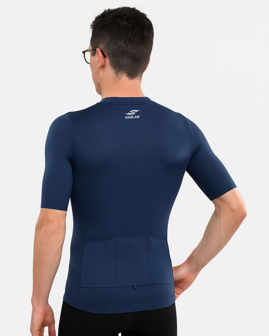 Back view of the SAOLAR SRX Horizon navy blue cycling jersey, showcasing rear pockets and streamlined performance design.