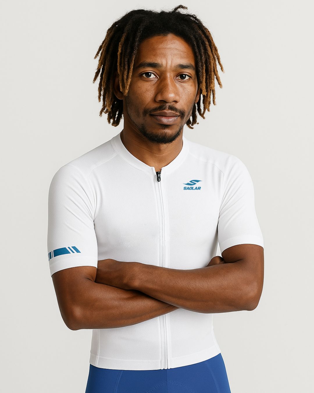 Front view of the SAOLAR S3 Drift white cycling jersey with bold blue logo and aerodynamic short-sleeve design.