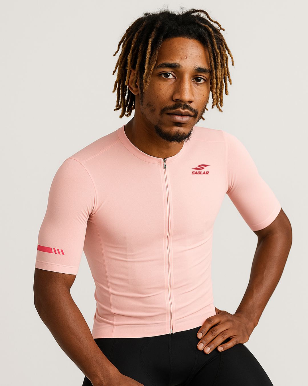 Front view of the SAOLAR SRX Cascade pink cycling jersey with bold logo and slim aerodynamic cut.