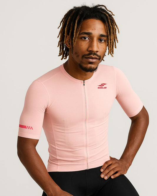 Front view of the SAOLAR SRX Cascade pink cycling jersey with bold logo and slim aerodynamic cut.