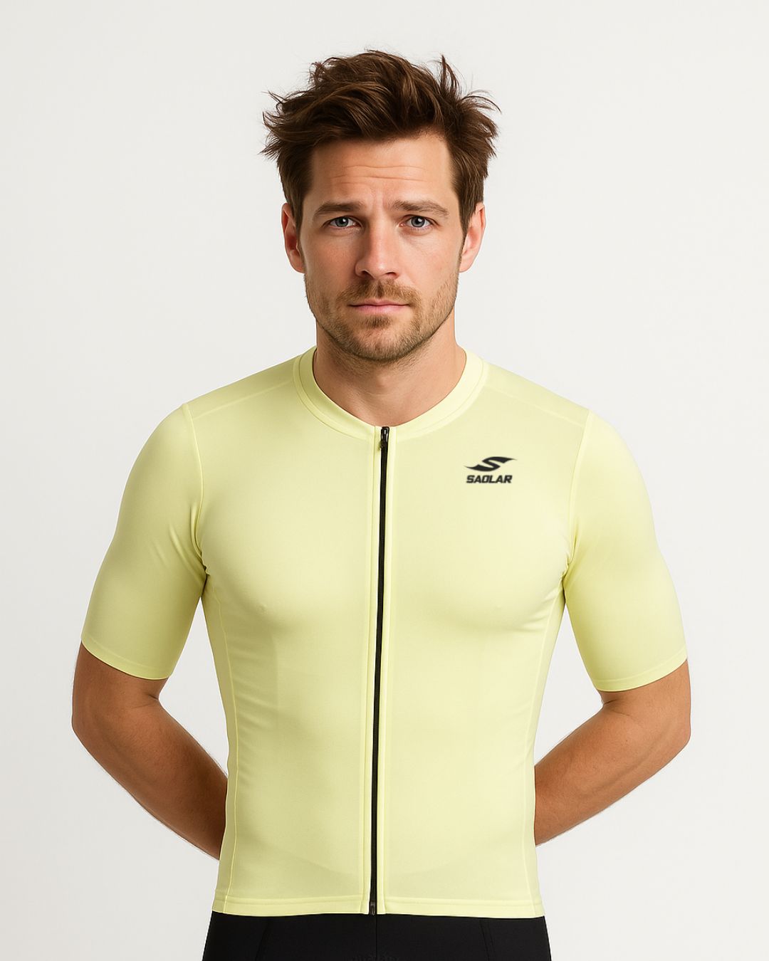 Front view of the SAOLAR SRX Nomad light yellow cycling jersey with slim aerodynamic fit and short sleeves.