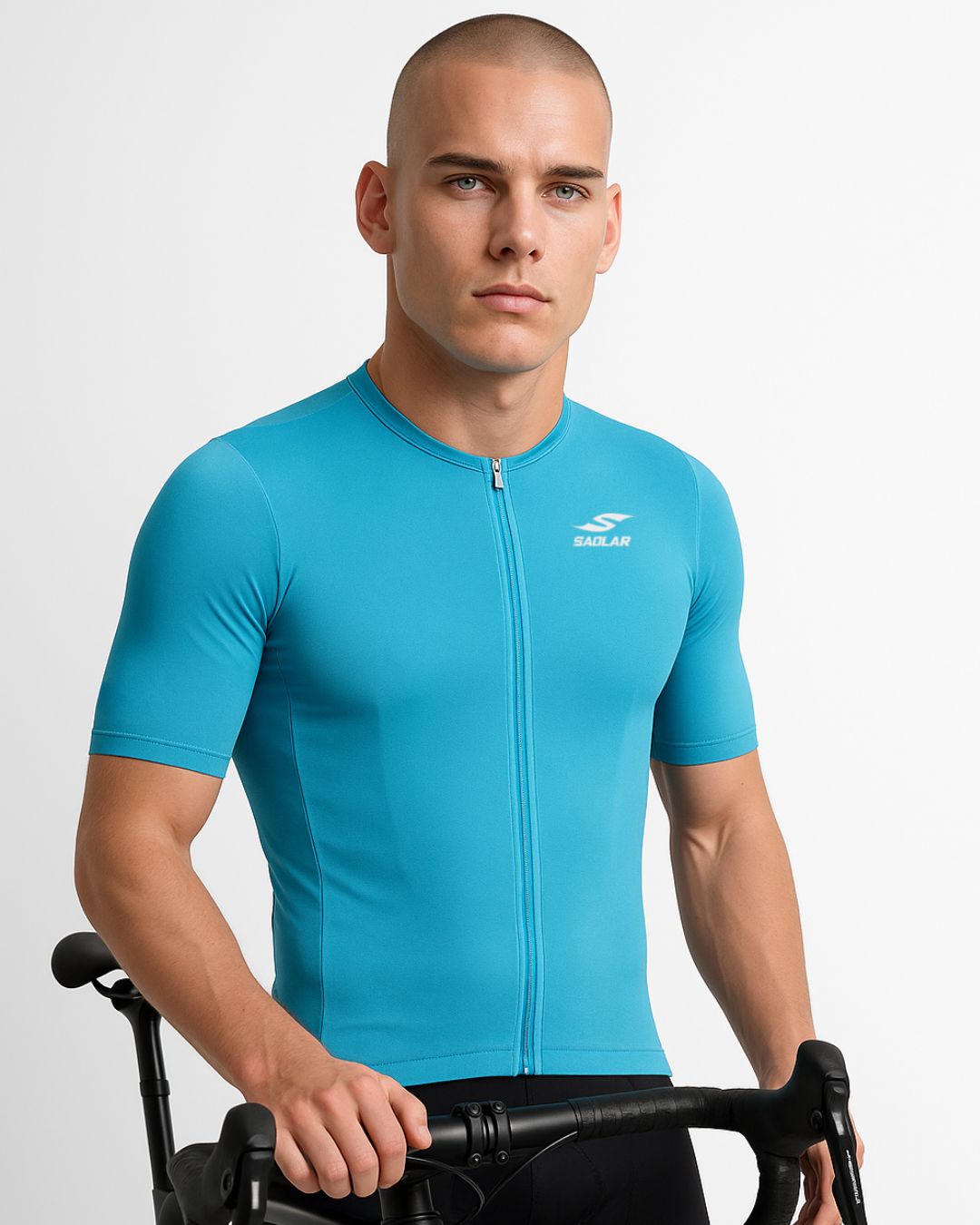 Front view of the SAOLAR S5R Orbit sky blue cycling jersey with bold logo and aerodynamic short-sleeve design.