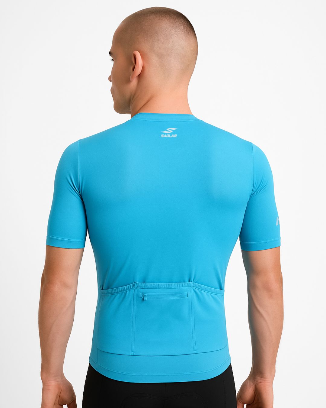 Back view of the SAOLAR S5R Orbit sky blue cycling jersey with rear pockets and performance-focused construction.