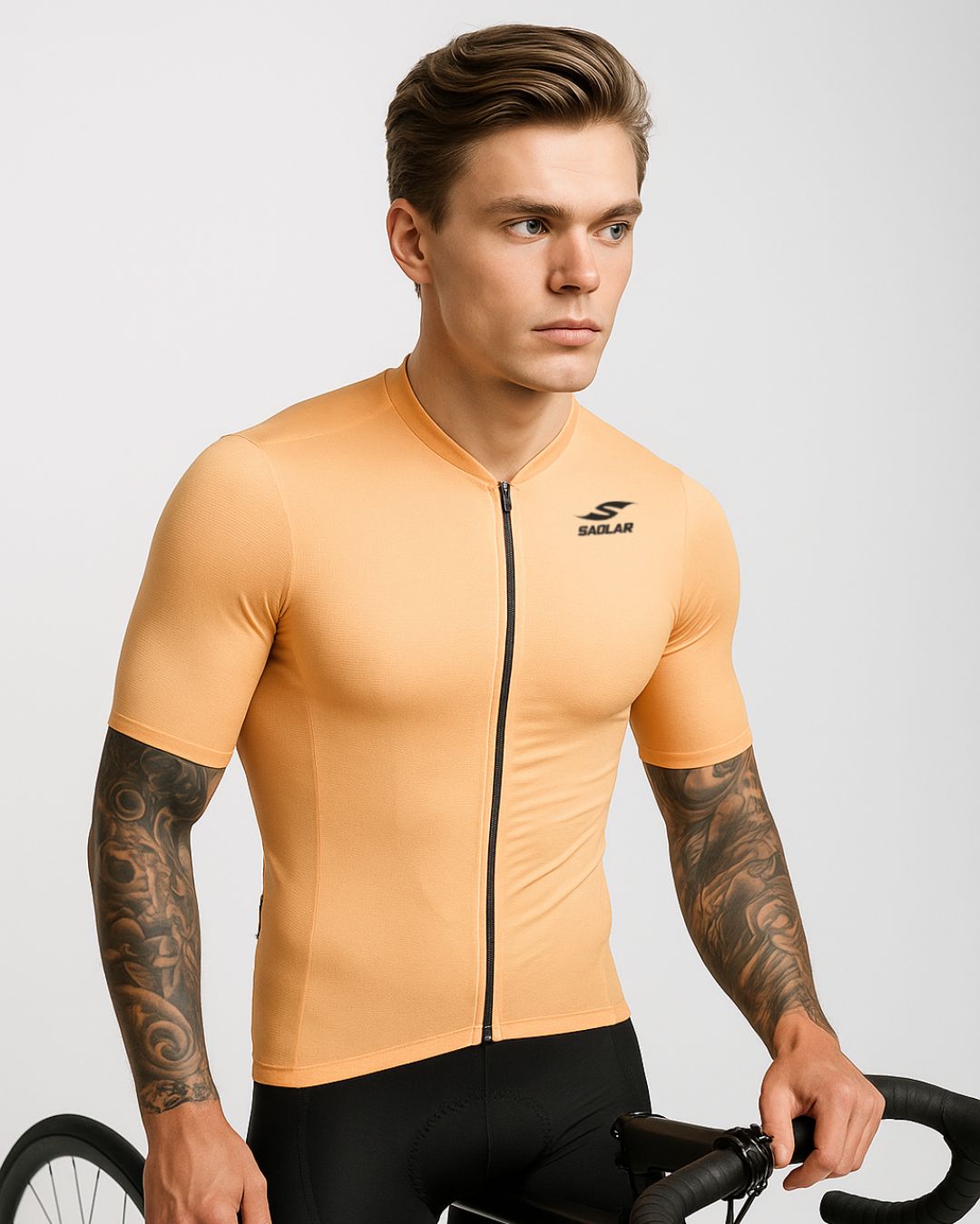 Front view of the SAOLAR S2 Velocity orange cycling jersey with short sleeves and aerodynamic slim fit.