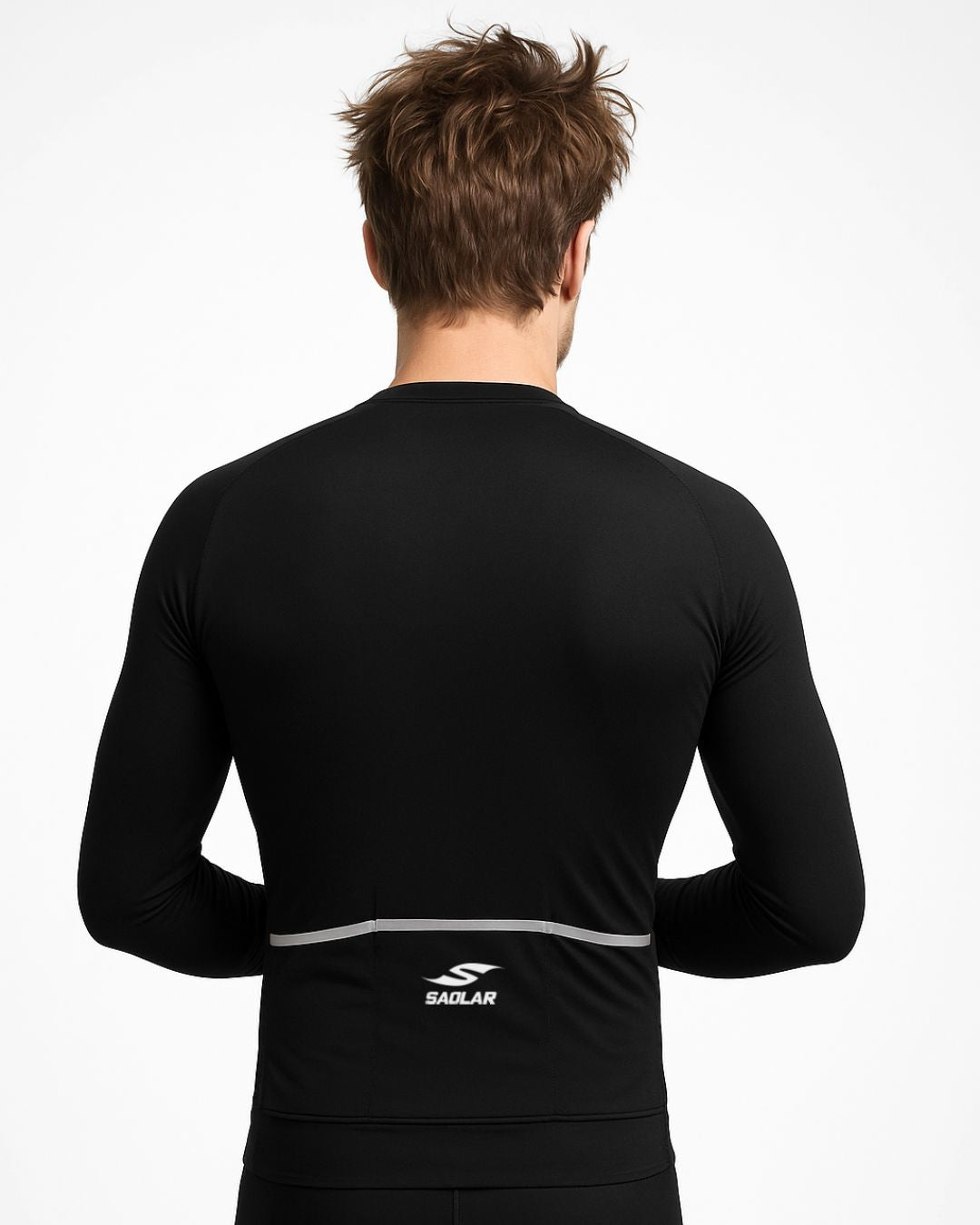 Back view of the SAOLAR SRX Zenith black long sleeve cycling jersey with rear pockets and reflective details.