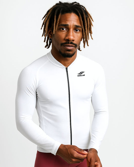 Front view of the SAOLAR S3R Nova all-white long sleeve cycling jersey with slim aerodynamic fit.