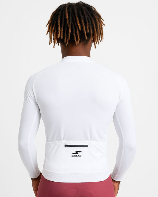 Back view of the SAOLAR S3R Nova all-white long sleeve cycling jersey with rear pockets and minimalist design.