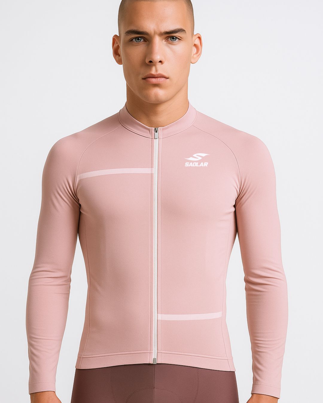 Vista frontale della maglia da ciclismo SAOLAR S4 Emberfall rosa cipria a maniche lunghe con vestibilità slim aerodinamica.