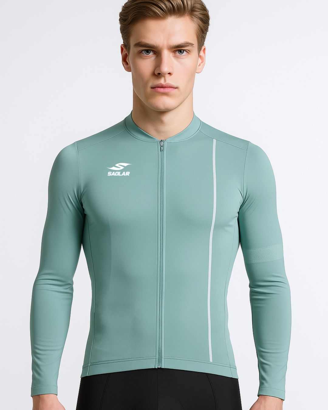 Front view of the SAOLAR S3 Stride sage green long sleeve cycling jersey with slim aerodynamic fit.