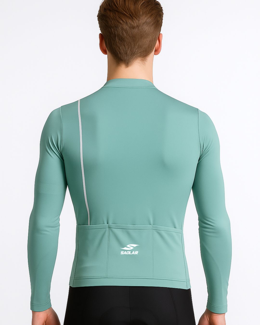 Back view of the SAOLAR S3 Stride sage green long sleeve cycling jersey with rear pockets and minimalist design.