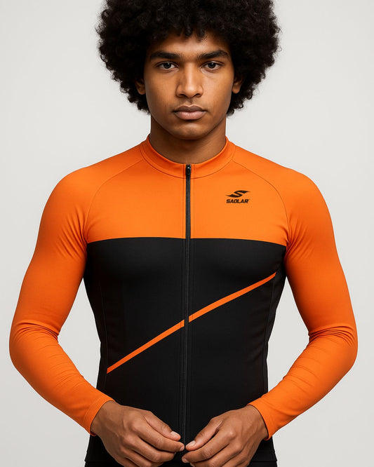 Front view of the SAOLAR S4 Solaris orange and black long sleeve cycling jersey with diagonal stripe design.