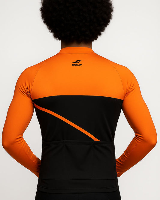 Back view of the SAOLAR S4 Solaris orange and black long sleeve cycling jersey featuring rear pockets and bold color block pattern.