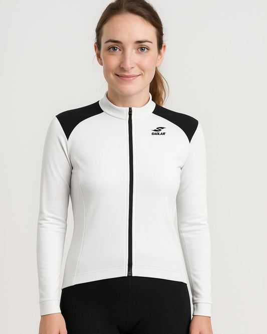 Front view of SAOLAR S4 Lumen women’s long-sleeve cycling jersey in white with black accents, zip closure, and performance-focused design.