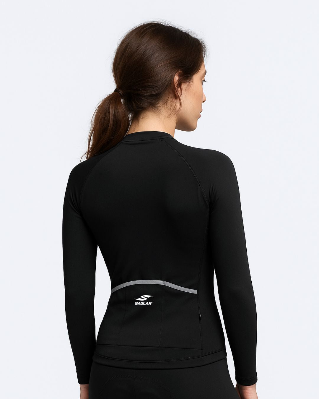 Back view of SAOLAR S5R Petal women’s black cycling jersey with reflective details and slim-fit cut for endurance rides.
