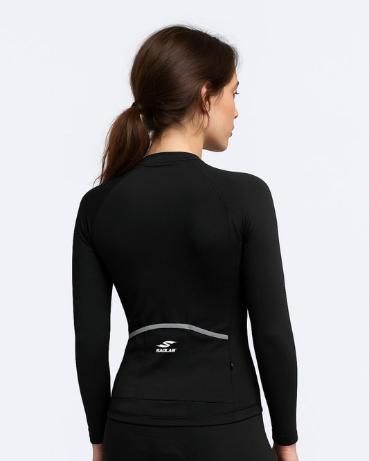 Back view of SAOLAR S5R Petal women’s black cycling jersey with reflective details and slim-fit cut for endurance rides.