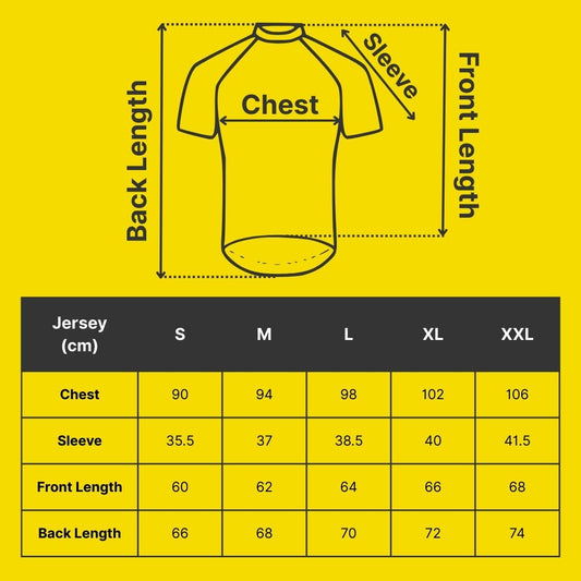 Saolar cycling jersey size chart with chest, sleeve, front length, back length measurements in cm for S, M, L, XL, XXL.