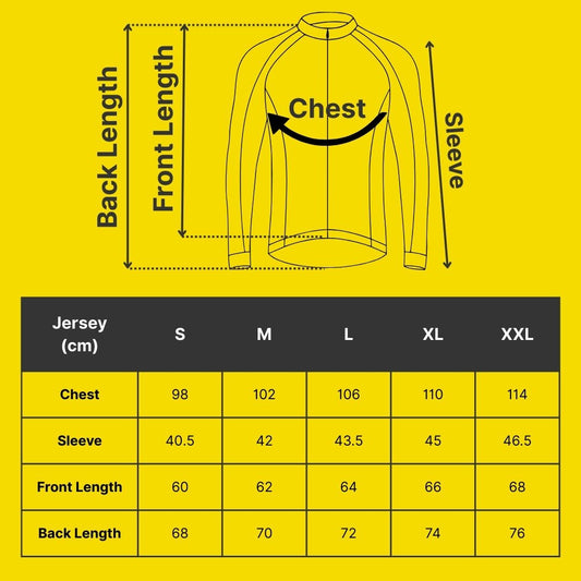 Saolar Long sleeves cycling jersey size chart with chest, sleeve, front length, back length measurements in cm for S, M, L, XL, XXL.