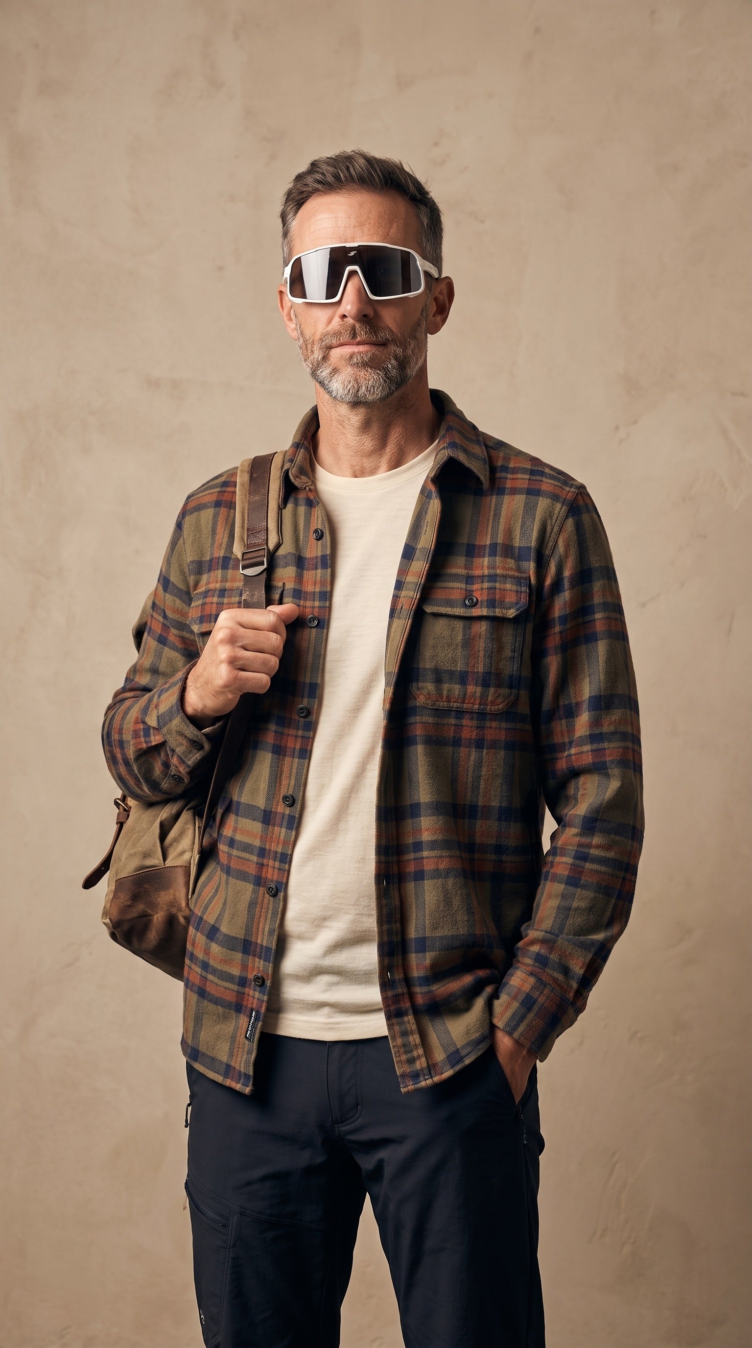 Male cyclist wearing SAOLAR Shadelane sunglasses, a plaid flannel overshirt, cream T-shirt, and dark technical pants, standing against a warm neutral studio backdrop. The premium cycling eyewear features a bold white wraparound frame and dark mirrored lenses, styled for bikepacking, gravel riding, outdoor adventures, and everyday active lifestyles with confidence.