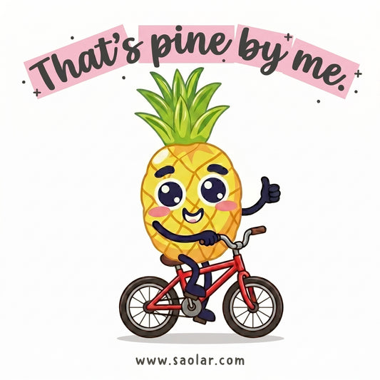 Cute pineapple cycling graphic with “That’s Pine by Me” slogan, playful cartoon fruit riding a red bicycle, smiling character illustration. Fun summer design for t-shirts, cycling lovers apparel, vibrant colors, cheerful lifestyle artwork, SAOLAR branding, high-quality print detail, isolated on clean background, perfect for casual fashion and sporty looks.