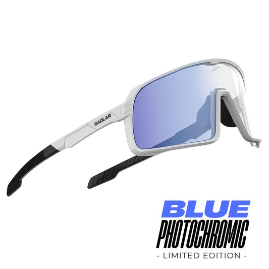 Experience the SAOLAR Shadelane Ice, high-performance photochromic cycling sunglasses with blue adaptive lenses, anti-fog protection, and ultra-light aerodynamic design.