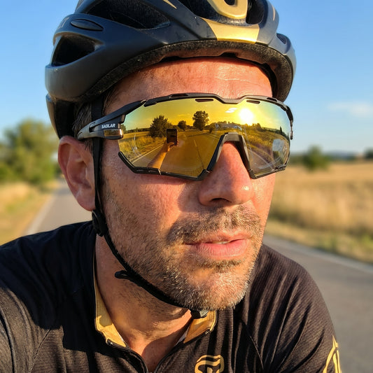 Close-up of male cyclist wearing SAOLAR Rapture photochromic full revo gold sports sunglasses, mirrored shield lens adapting to sunlight, lightweight ergonomic frame, UV400 protection, panoramic vision, reducing glare, enhancing contrast, ideal for road cycling performance, breathable comfort, modern athletic design, reflective lens showing scenic countryside road during golden hour ride