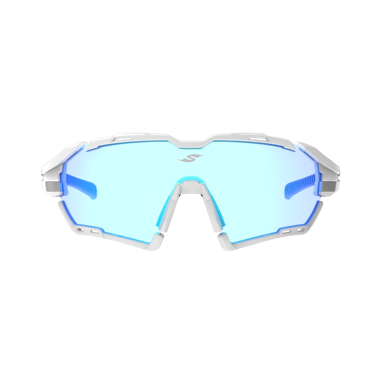 SAOLAR Rapture ICE performance sunglasses with curved shield lens, advanced photochromic technology, and full revo blue mirror finish. Provides optimal vision, anti-glare comfort, and all-day fit. Compatible with prescription inserts. Perfect for cycling, running, and outdoor adventures, delivering lightweight protection against sun, wind, dust, and debris.
