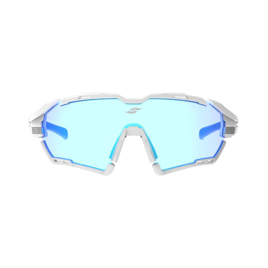 SAOLAR Rapture ICE performance sunglasses with curved shield lens, advanced photochromic technology, and full revo blue mirror finish. Provides optimal vision, anti-glare comfort, and all-day fit. Compatible with prescription inserts. Perfect for cycling, running, and outdoor adventures, delivering lightweight protection against sun, wind, dust, and debris.