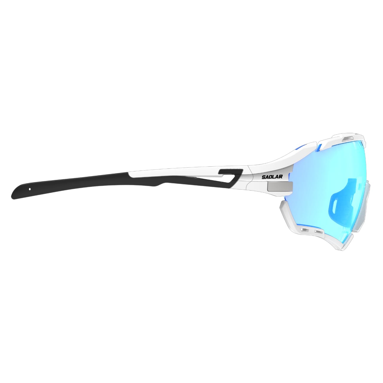 Front and side view of SAOLAR Rapture ICE sunglasses featuring a one-piece photochromic lens that adapts from clear to dark. Blue mirror coating enhances contrast and style. Ergonomic nose bridge and secure temples ensure comfort. Designed for cyclists seeking clarity, protection, and durability during high-speed rides and variable weather conditions.