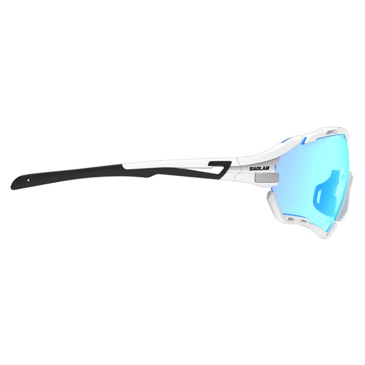 Front and side view of SAOLAR Rapture ICE sunglasses featuring a one-piece photochromic lens that adapts from clear to dark. Blue mirror coating enhances contrast and style. Ergonomic nose bridge and secure temples ensure comfort. Designed for cyclists seeking clarity, protection, and durability during high-speed rides and variable weather conditions.