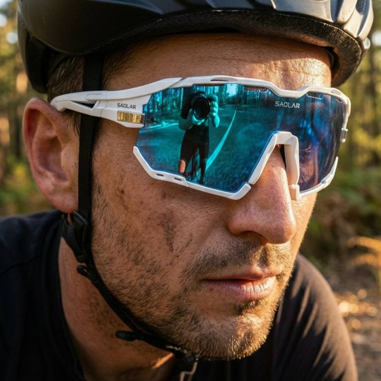Male cyclist wearing SAOLAR Rapture ICE white sport sunglasses with Full Revo Blue photochromic lenses, paired with a black cycling helmet. Shot in a forest setting at golden hour. UV400 protection, wraparound frame, prescription-compatible — built for road cycling and outdoor performance.