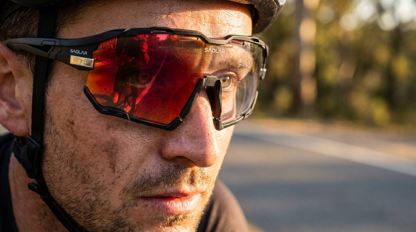 Close-up cyclist wearing SAOLAR Rapture full revo photochromic sunglasses, red mirrored lens adapting to sunlight, enhancing contrast, clarity, protection, performance, road focus.