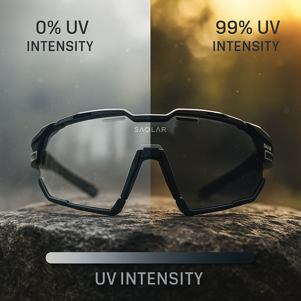 SAOLAR Rapture photochromic cycling glasses adapt instantly from clear to dark, delivering sharp vision, comfort, and all-conditions protection for every ride.