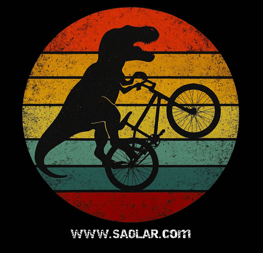 Black 100% cotton T-shirt featuring T-Rex riding a BMX bike, retro sunset background, trendy graphic tee for dinosaur and bike lovers.