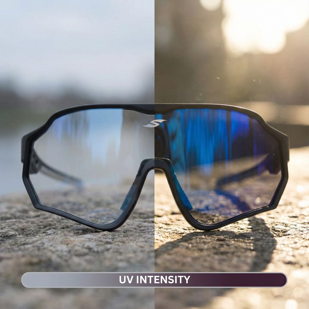 SAOLAR Aquavex photochromic cycling glasses shift from clear to deep blue tint, ensuring adaptive clarity, protection, and comfort in any light.