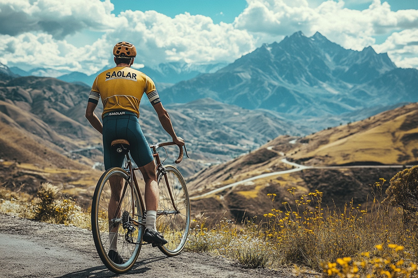 Cyclist in SAOLAR jersey overlooking mountainous landscape with winding roads.