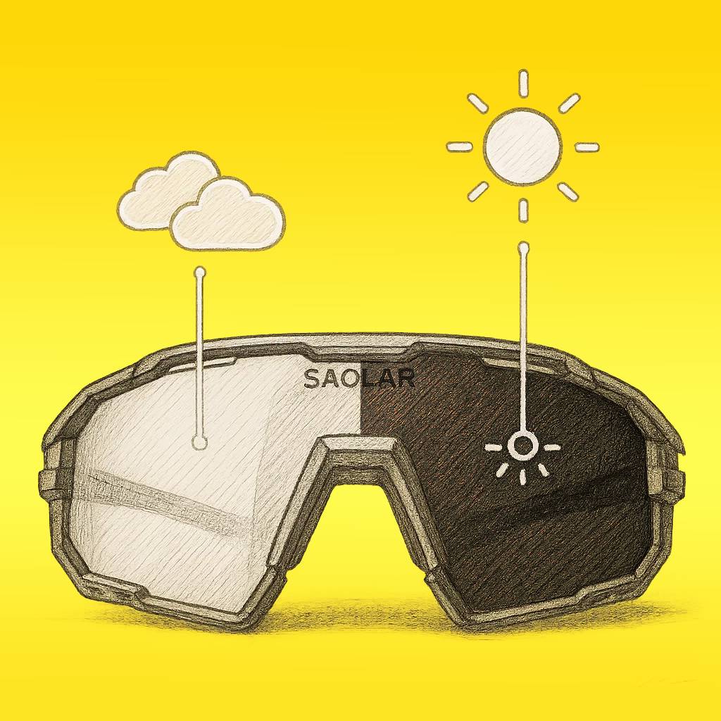 SAOLAR photochromic sport sunglasses sketch on yellow background, cloud and sun icons highlighting adaptive lenses, technical pencil shading, outdoor performance.