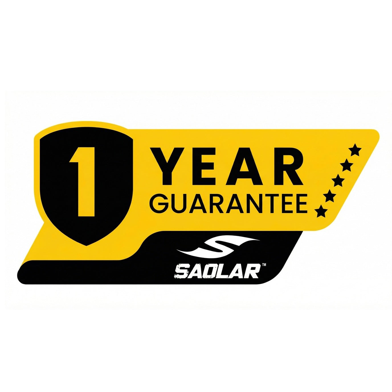 SAOLAR 1-year guarantee badge highlighting premium protection for sports sunglasses, including lens replacement and frame coverage. Bold yellow and black design symbolizes durability, reliability, and performance. Ideal for cycling and outdoor eyewear, ensuring long-lasting clarity, comfort, and protection with SAOLAR’s trusted warranty service for active lifestyles.