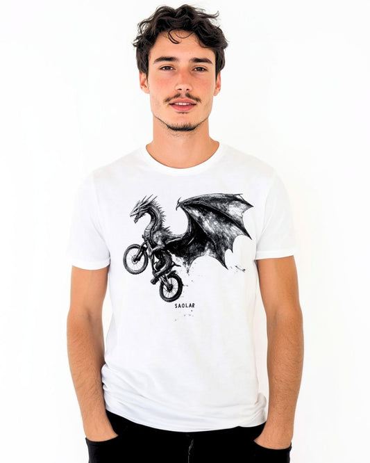 Dragon riding mountain bike on DragonDash 100% cotton t-shirt.