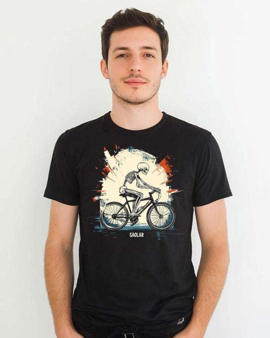 Skeleton riding a bike on the BoneRider 100% cotton t-shirt.