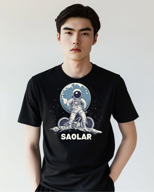 Astronaut on BMX bike in space featured on SAOLAR t-shirt.