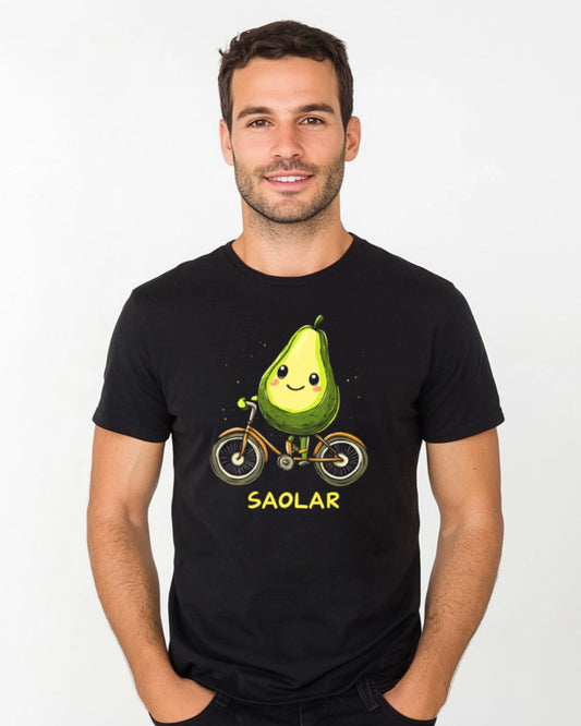 Smiling avocado riding bike on SAOLAR Avoride 100% cotton t-shirt.