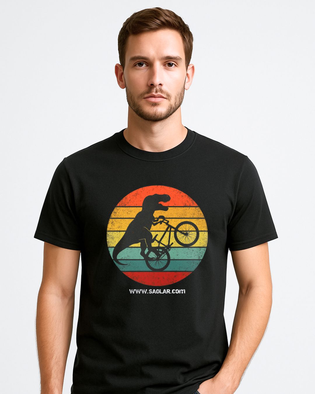 Men’s black cotton T-shirt with retro dinosaur BMX graphic, vintage sunset design, fun casual style, perfect gift for cyclists.