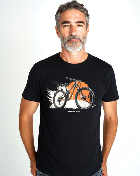 Mountain bike graphic on TrailForce cotton t-shirt with orange background.