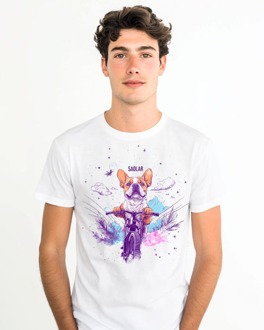 Cute dog riding mountain bike on DoggoDash 100% cotton t-shirt.