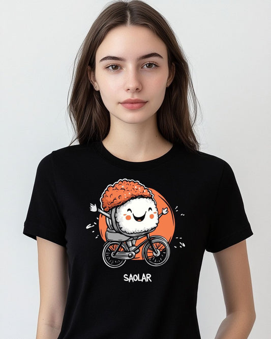 Cute sushi character riding bike on SAOLAR MakiRide t-shirt.